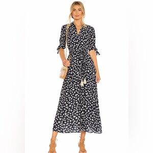 Faithfull The Brand Melodie Midi Dress Floral Wrap XS Navy Boho Tie Sleeve 🖤